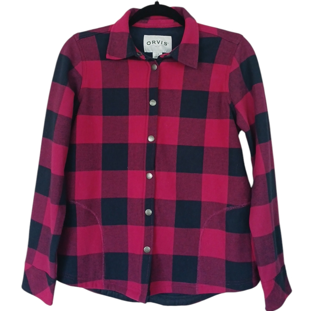 Orvis Pink and Blue Plaid Fleece Lined Snap Down Shirt size small